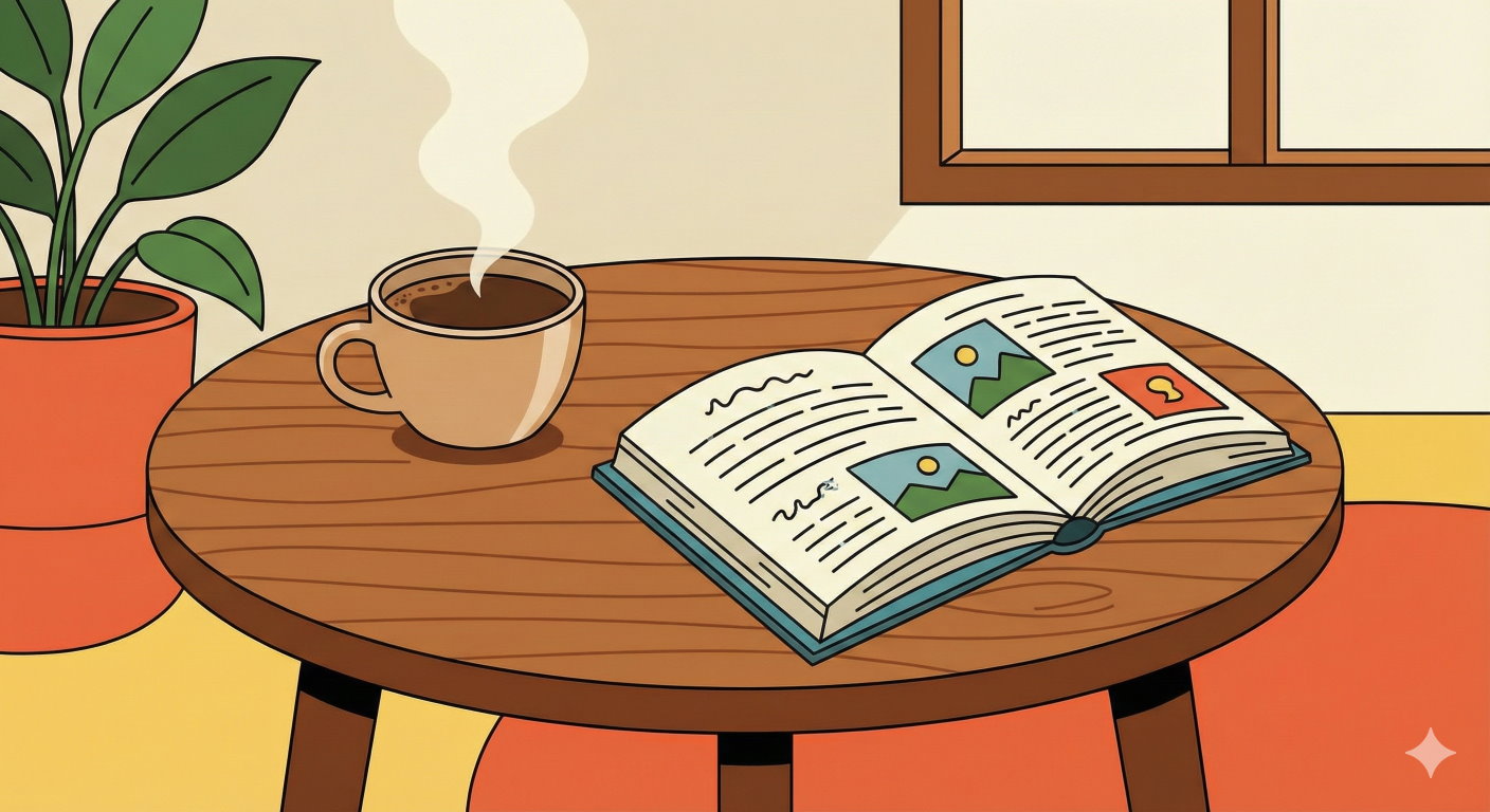 A cup of coffee and an open book on a wooden table
